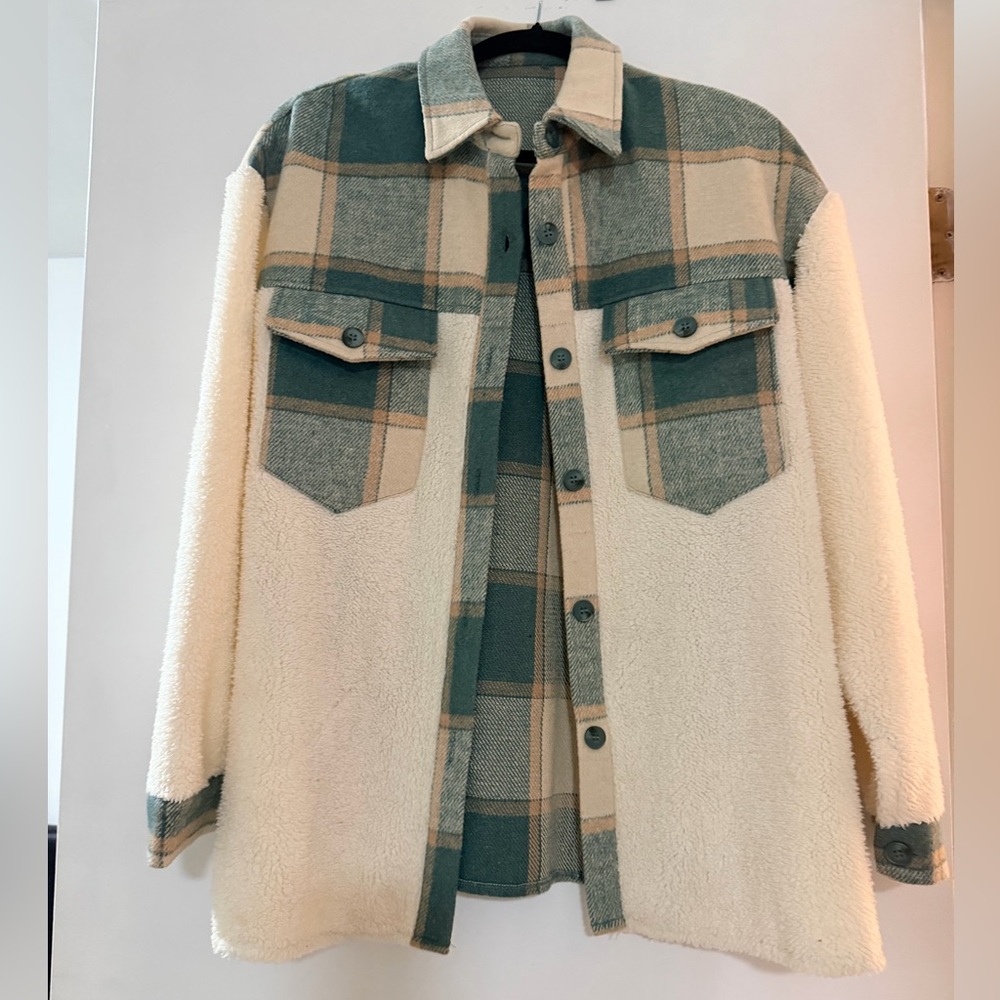 Sherpa Flannel Plaid Shacket - Cream & Green